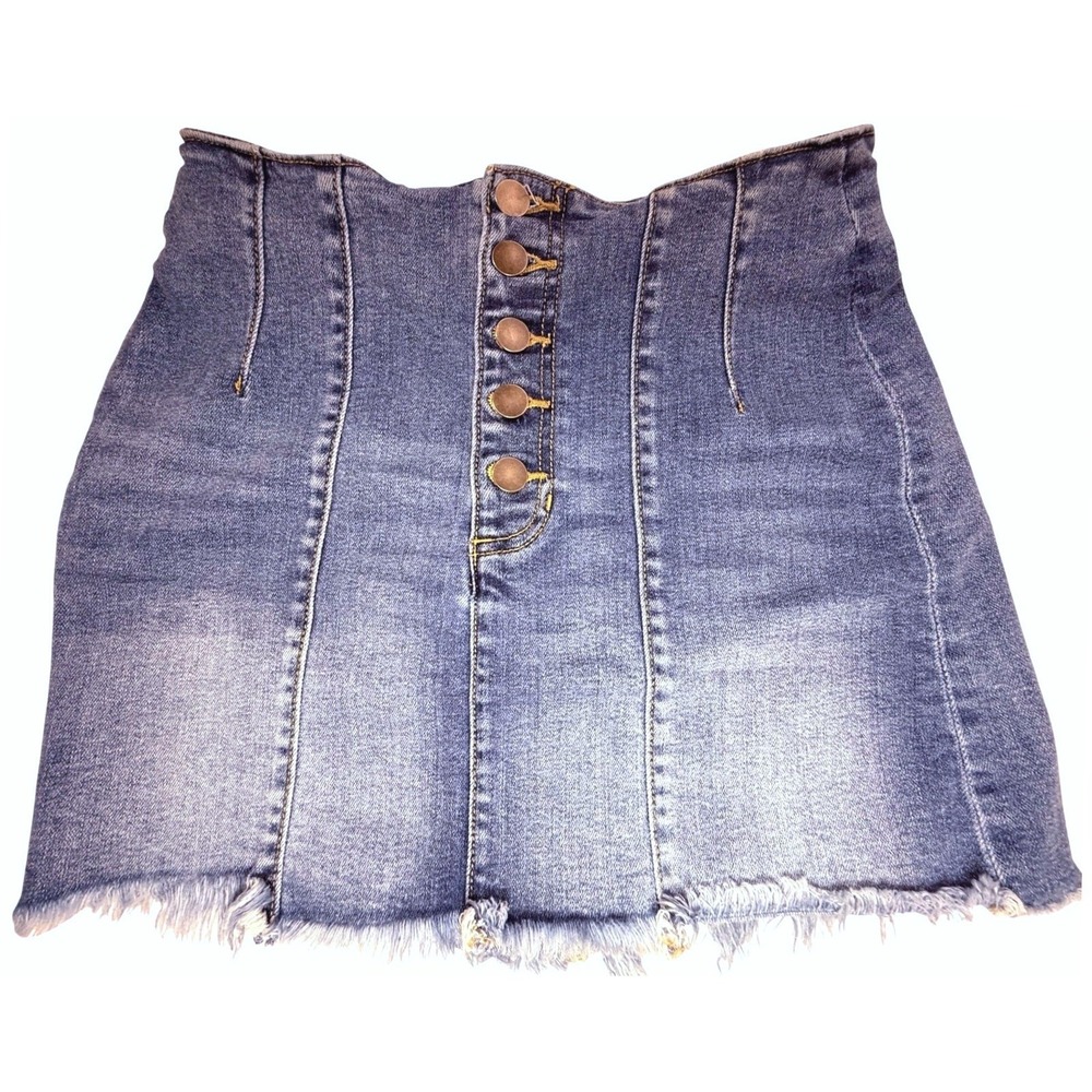 Altar'd State Blue Denim Mini Skirt Button Front Frayed Hem Size Small